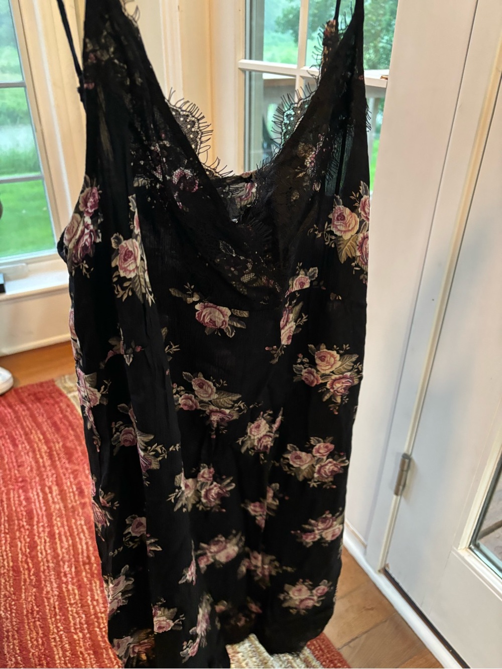 Floral Lace-Trim Black Slip Dress Y2K style